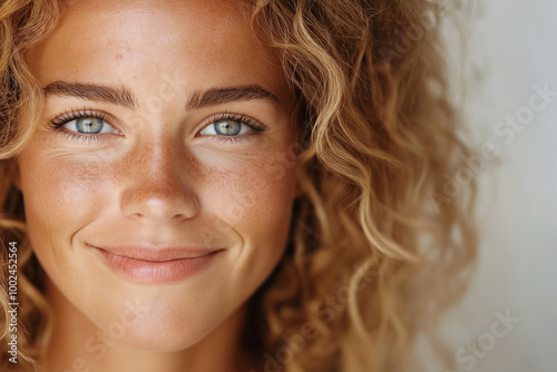 girl with curly red hair, freckles and green eyes close-up, perfect skin