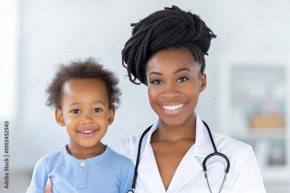 Smiling female pediatrician with a stethoscope holding young child in medical setting Smiling female pediatrician with a stethoscope holding young child in medical setting