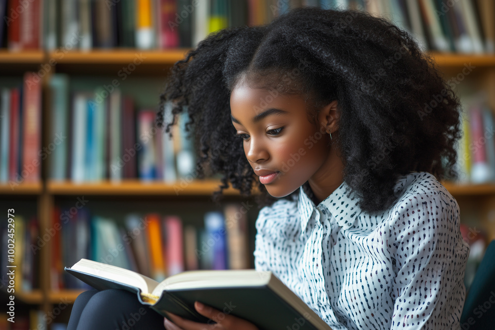 Black African American female school student reading an educational book in a college library Black African American female school student reading an educational book in a college library