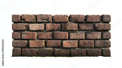 Old brick wall with green grass at the base, isolated on white background.