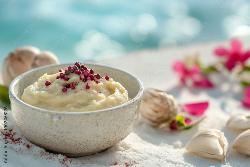 Creamy garlic dip with pink peppercorns surrounded by flowers by the water Creamy garlic dip with pink peppercorns surrounded by flowers by the water
