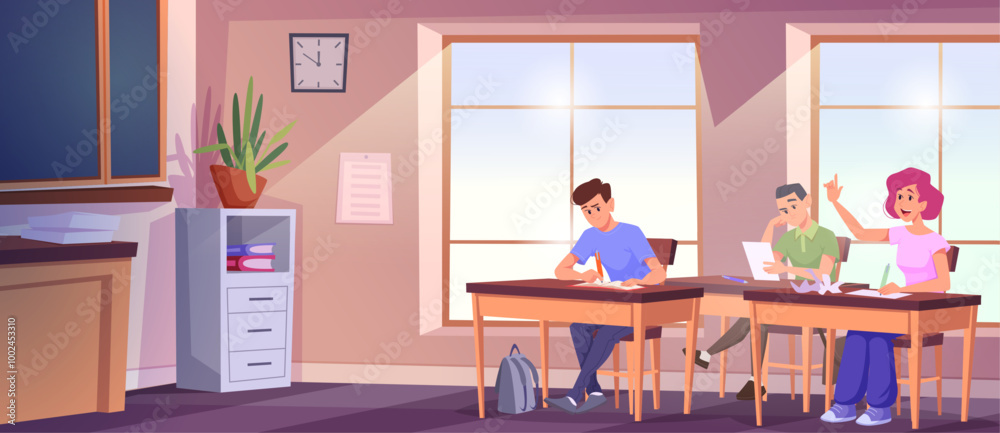 Lessons. Students do exam sitting at desk and writing specific exercises exact vector concept background in cartoon style Lessons. Students do exam sitting at desk and writing specific exercises exact vector concept background in cartoon style