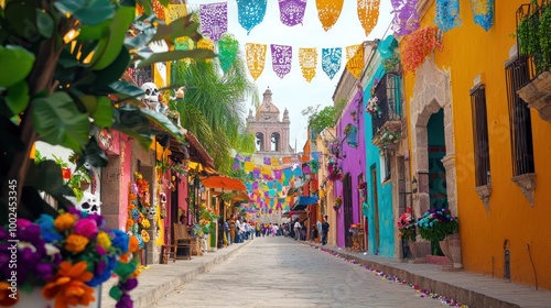 Fototapeta Naklejka Na Ścianę i Meble -  Vibrant Day of the Dead festival with colorful parades, street vendors, and traditional music filling the air