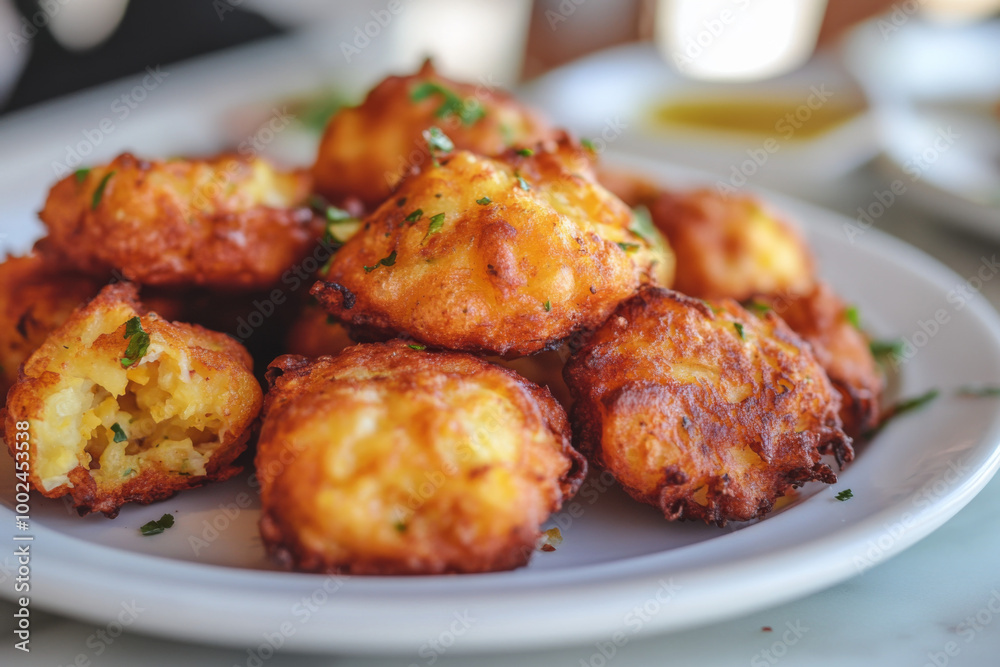 Delicious golden fried fritters served on a white plate garnished with fresh herbs Delicious golden fried fritters served on a white plate garnished with fresh herbs