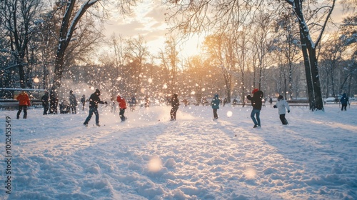 People enjoying playing in fresh snow during wintertime and having a snowball fight in park