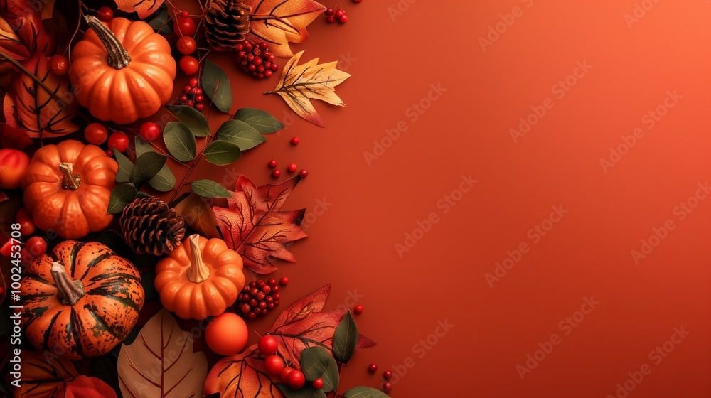 Autumn background. Pumpkins and fallen leaves on red background. Copy space for text. Halloween, Thanksgiving day or seasonal background Autumn background. Pumpkins and fallen leaves on red background. Copy space for text. Halloween, Thanksgiving day or seasonal background