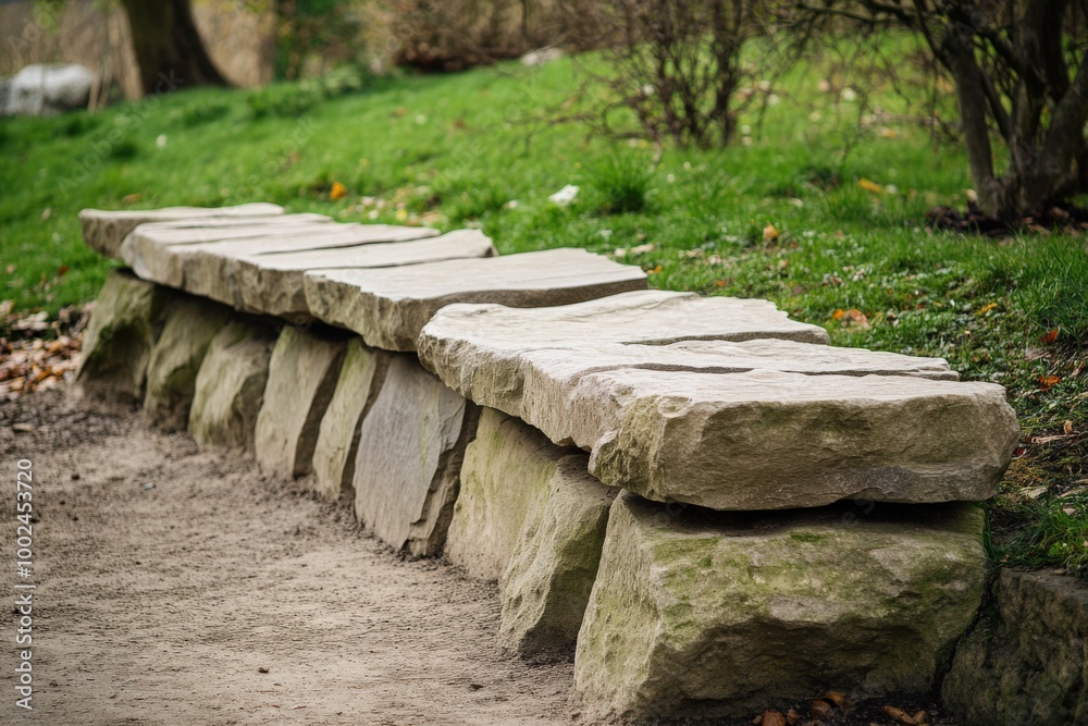 Naklejka premium Stone Benches. Building Infrastructure with Rock Seats for Sitting