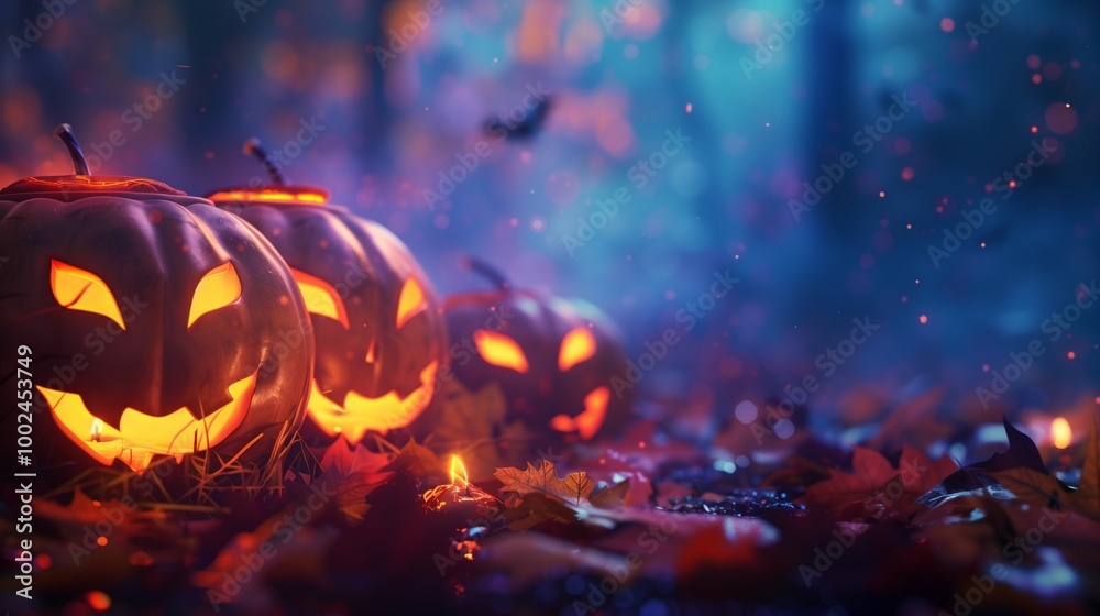 Fototapeta premium Halloween Pumpkins In A Spooky Forest At Night