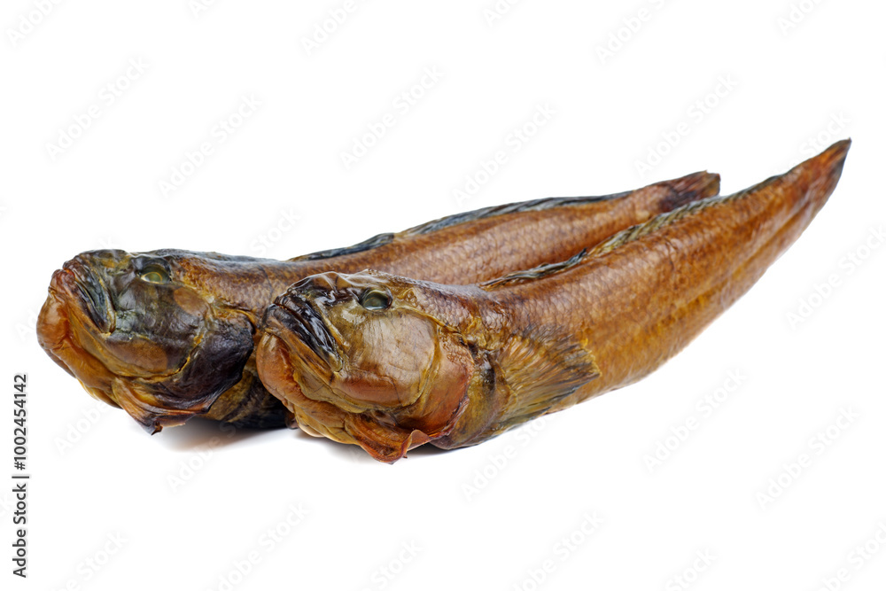 Two smoked round goby fish isolated on white background Two smoked round goby fish isolated on white background