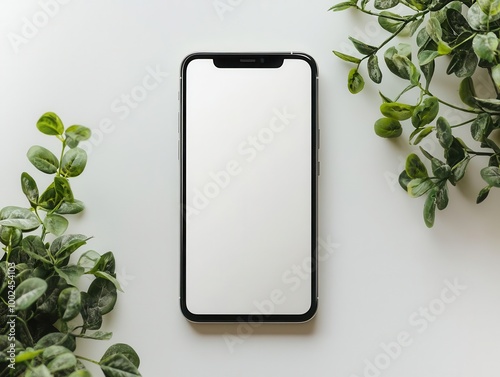 Modern smartphone mockup with green leaves on white background
