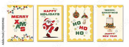 New Year Winter poster set with santa claus retro groovy character, holly branch, tree toys, mushrooms and candle. Merry Christmas greeting card collection. Vector illustration, editable stroke.
