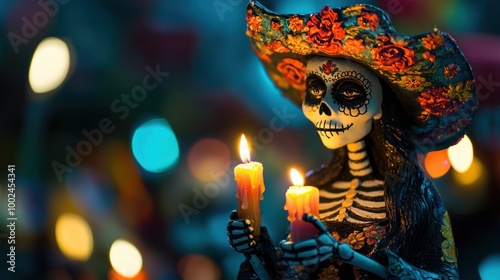 Catrina figure holding candles in her hands, illuminated by soft light on the Night of the Dead