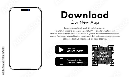 Download the app QR code Play store App store banner mockup template. Application smartphone blank screen layout vector illustration