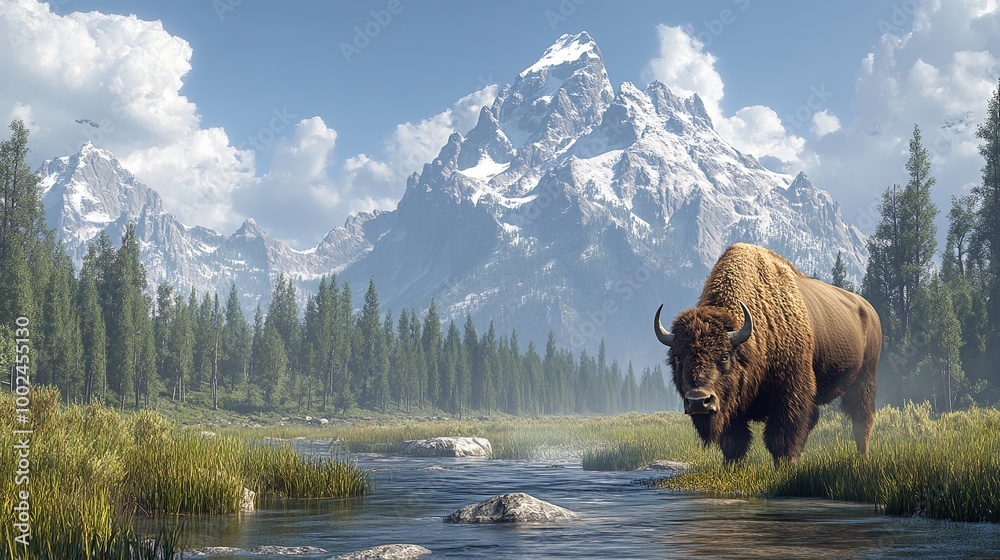 Bison in front of Grand Teton Mountain Range Bison in front of Grand Teton Mountain Range