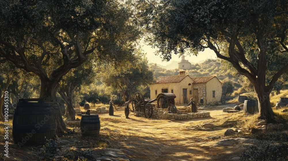 Fototapeta premium Rural Village Scene with Olive Trees and a Stone Building