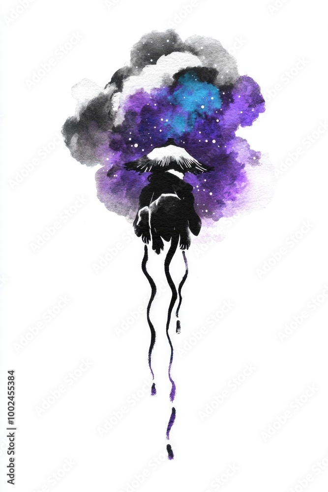 Fototapeta premium Silhouette of a Person Hanging from a Starry Cloud