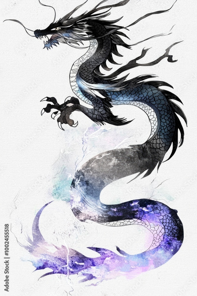 Obraz premium Watercolor Dragon with Purple and Blue Tail