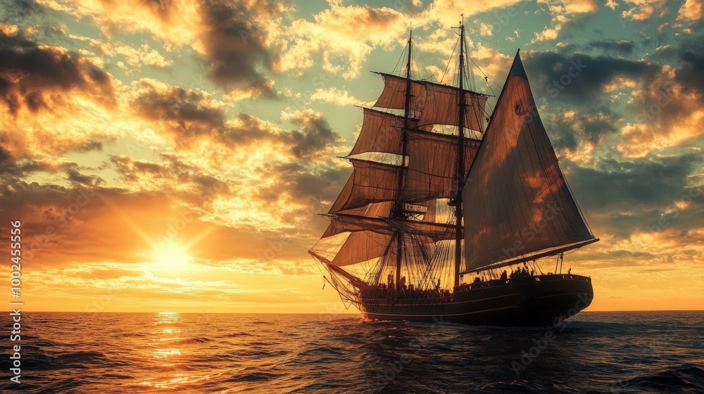 Fototapeta premium Tall Ship Sailing on the Atlantic Ocean: Backlit Sailboat Vessel in Nautical Scene