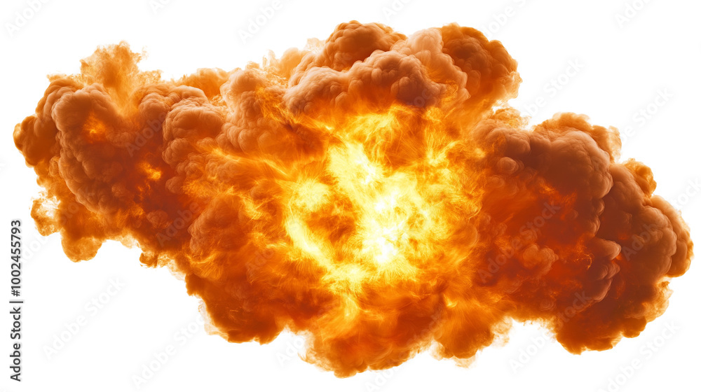 A fiery explosion with a dense, billowing smoke cloud. The explosion emits a bright, intense orange and yellow glow, illuminating the surrounding area. The smoke appears thick and voluminous