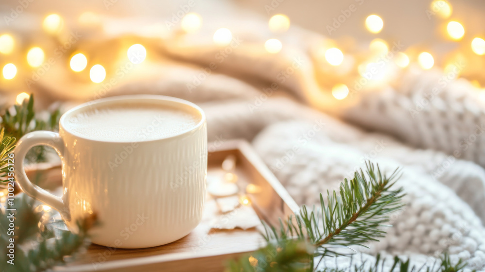 Cozy winter scene with a warm cup of milk on a wooden tray surrounded by festive lights