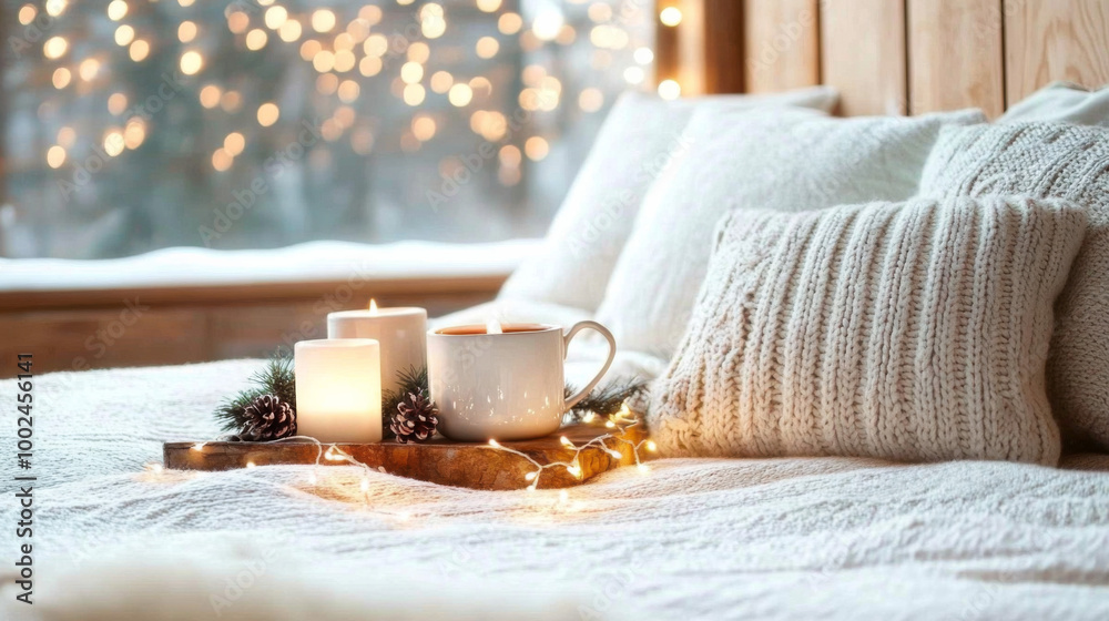 Cozy winter morning with candles and warm beverages on a soft bed by the window Cozy winter morning with candles and warm beverages on a soft bed by the window