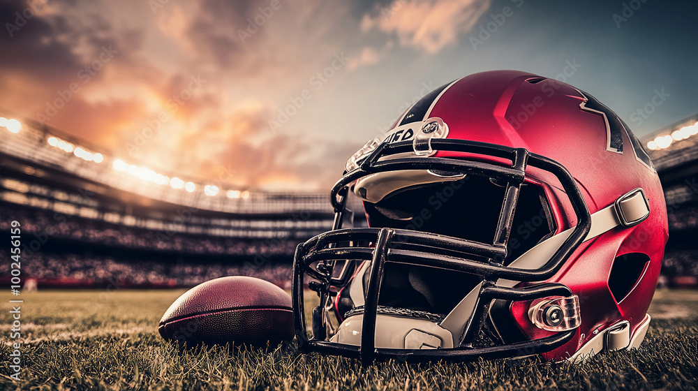 American football field stadium lights helmet and ball touchdown background American football field stadium lights helmet and ball touchdown background