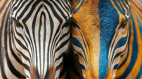   Two zebras, facing opposite sides of the same face, stand together