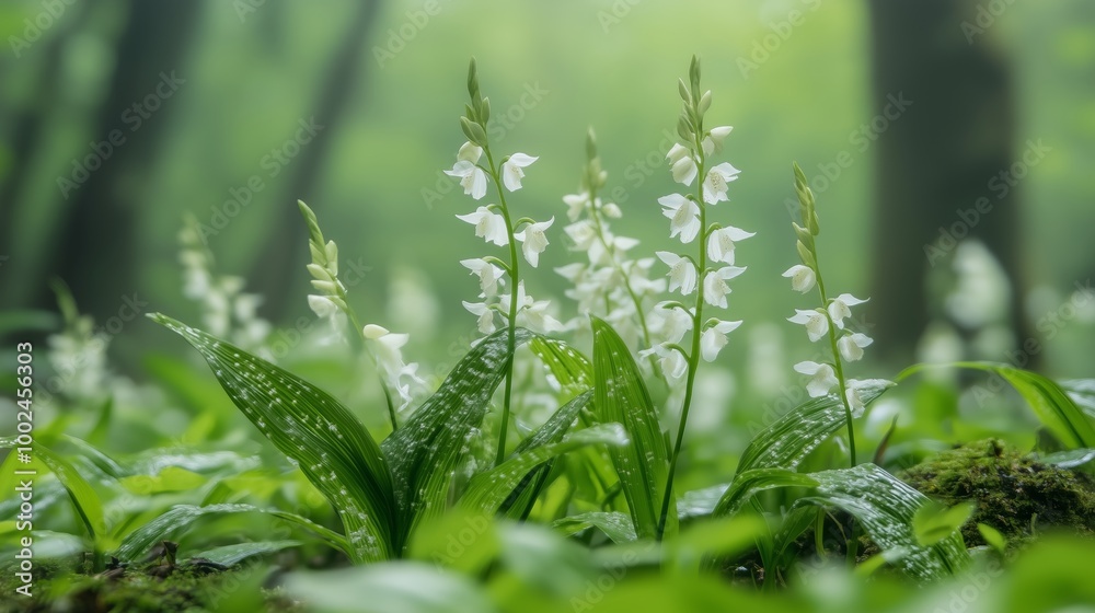 Delicate white flowers bloom amidst lush greenery in a serene forest during early morning light Delicate white flowers bloom amidst lush greenery in a serene forest during early morning light