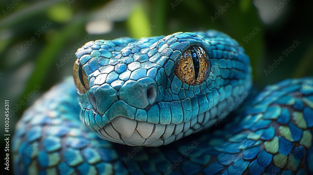 A close up of a green snake with yellow eyes A close up of a green snake with yellow eyes