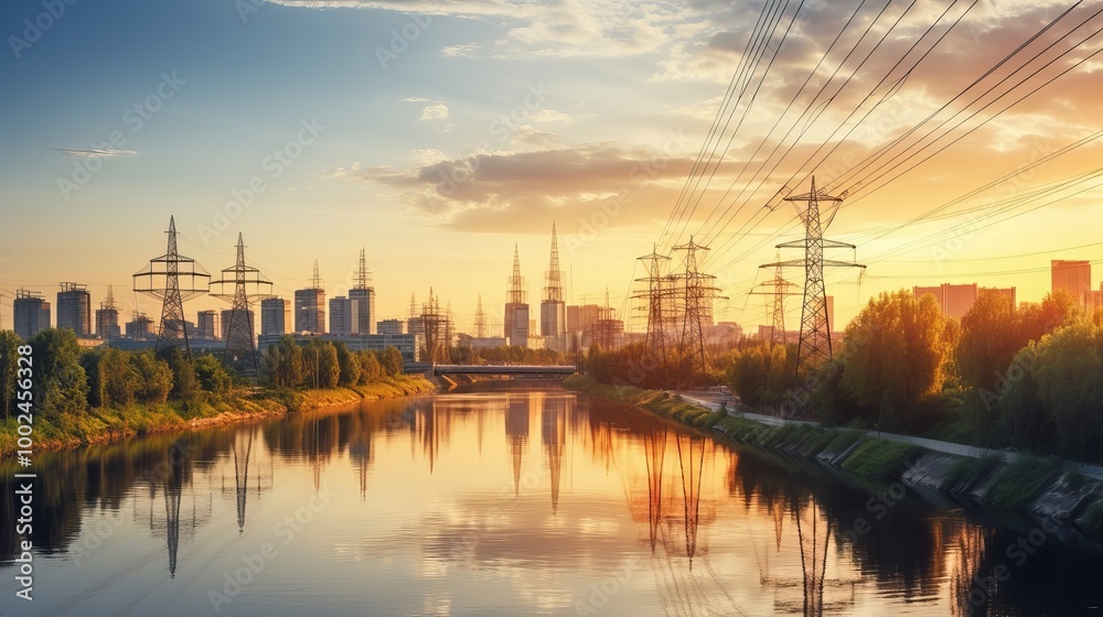 Sunset over a city skyline with power lines reflecting in the calm river Sunset over a city skyline with power lines reflecting in the calm river
