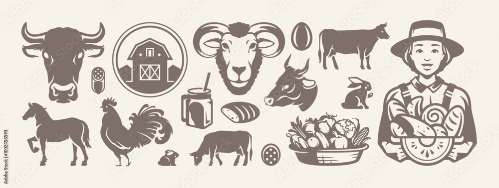 Agriculture farm eco food production retro detailed icon silhouette set vector flat illustration. Farming and livestock organic vegetables and meat ranch cattle bread healthy natural product