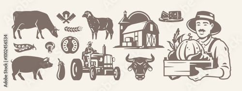 Farm agriculture and livestock organic food isolated retro icon set vector flat illustration. Man farmer harvest vegetables crate cattle ranch industrial tractor wheat cheese cow pig sheep mushroom