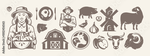Farming agriculture harvest and livestock meat isolated retro detailed icon set vector flat illustration. Woman farmer with vegetable crop and butcher cattle and natural eco food drawing silhouette