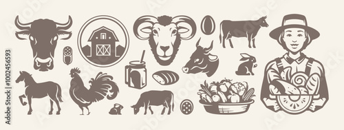 Agriculture farm eco food production retro detailed icon silhouette set vector flat illustration. Farming and livestock organic vegetables and meat ranch cattle bread healthy natural product
