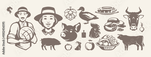 Farming and agriculture eco food production retro icon set vector flat illustration. Man and woman farmer vegetable fruit harvest cattle organic meat butchery monochrome drawing element logo design