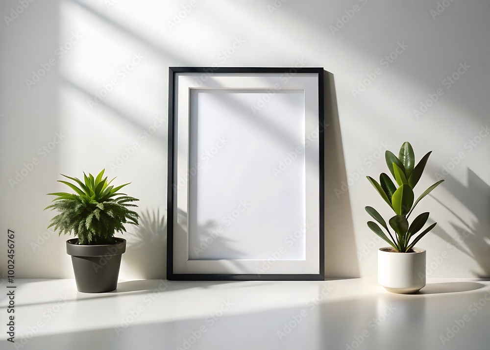 Mockup of Black Frame Photo on Wall with Shadow – Elegant Design on White Background
