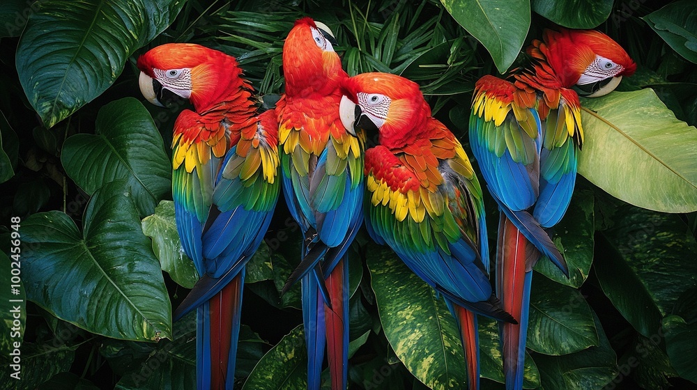 Fototapeta premium A flamboyant group of parrots perches atop a verdant, foliage-laden tree