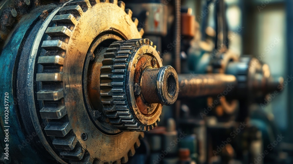Close-up of Interlocking Gears and a Shaft on Industrial Machinery Close-up of Interlocking Gears and a Shaft on Industrial Machinery