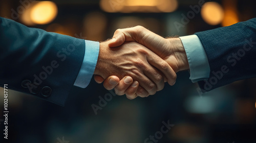 Two business professionals shake hands to finalize a deal, demonstrating trust and collaboration in a contemporary office environment