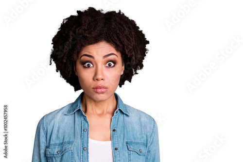 Portrait of disappointed upset lady youth astonished impressed unbelievable unexpected news information terrified anxious isolated wear modern trend denim outfit grey background