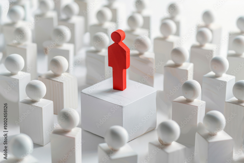 A single red figure stands out among white figures A single red figure stands out among white figures