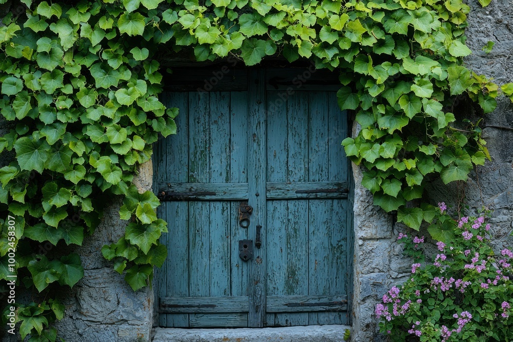 Weathered Blue Wooden Door Framed by Lush Green Ivy Weathered Blue Wooden Door Framed by Lush Green Ivy