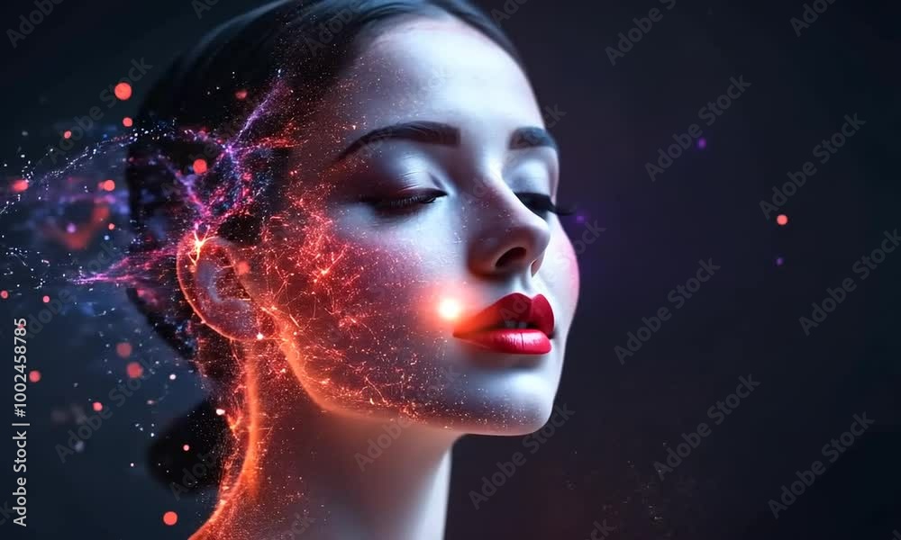 Close-up portrait of a young woman with sparkling makeup, a red lip, and a dark background. Close-up portrait of a young woman with sparkling makeup, a red lip, and a dark background.