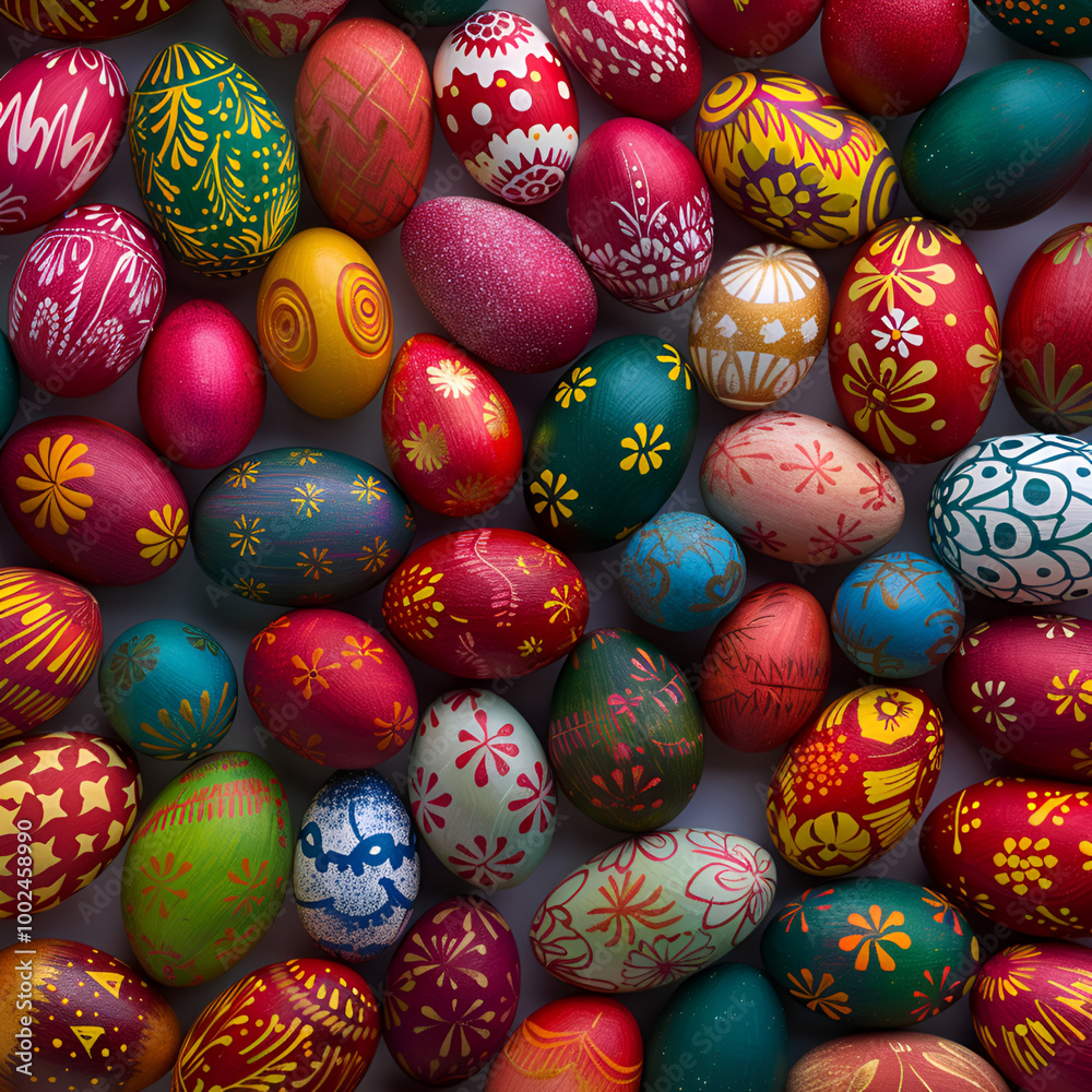 Fototapeta premium Vibrant Handcrafted Easter Eggs: Unique Designs for Spring