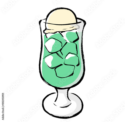 筆タッチのメロンクリームソーダのイラスト