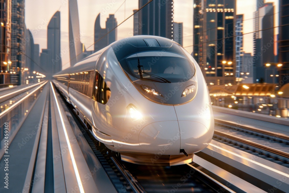 Fototapeta premium High-speed bullet train on elevated track through modern city at sunset.