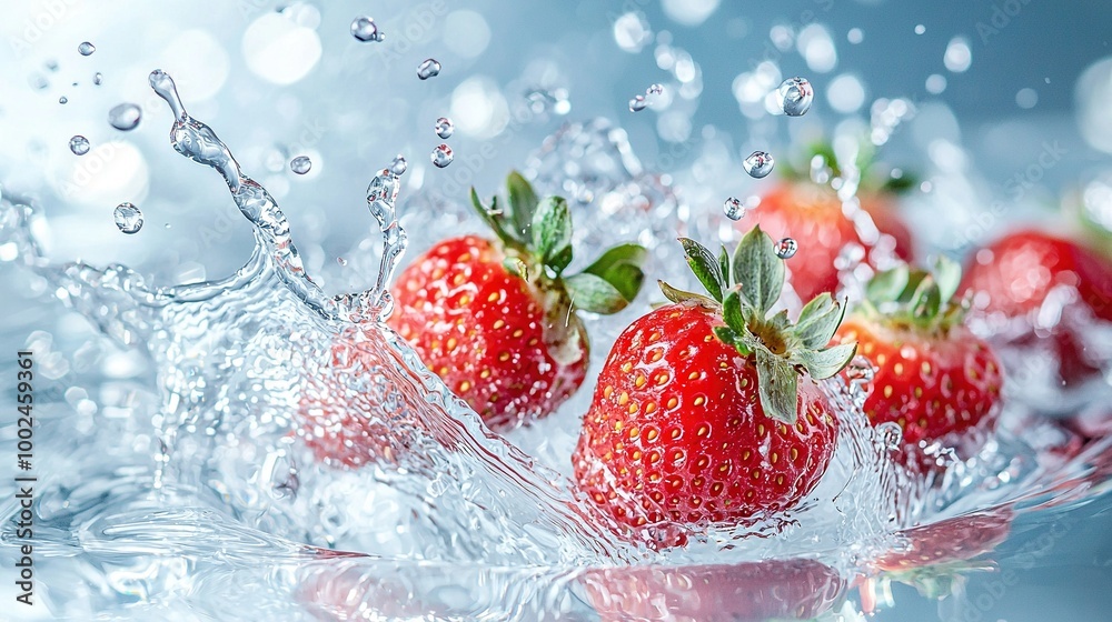 A cluster of strawberries diving into a glass filled with water and a tiny droplet at the base of the berries A cluster of strawberries diving into a glass filled with water and a tiny droplet at the base of the berries