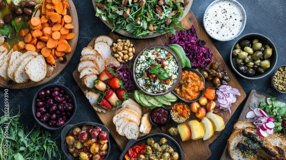 A sustainable food platter with plant-based dishes, focusing on eco-friendly, locally sourced ingredients A sustainable food platter with plant-based dishes, focusing on eco-friendly, locally sourced ingredients