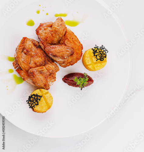 Gourmet fried chicken with caviar and purees