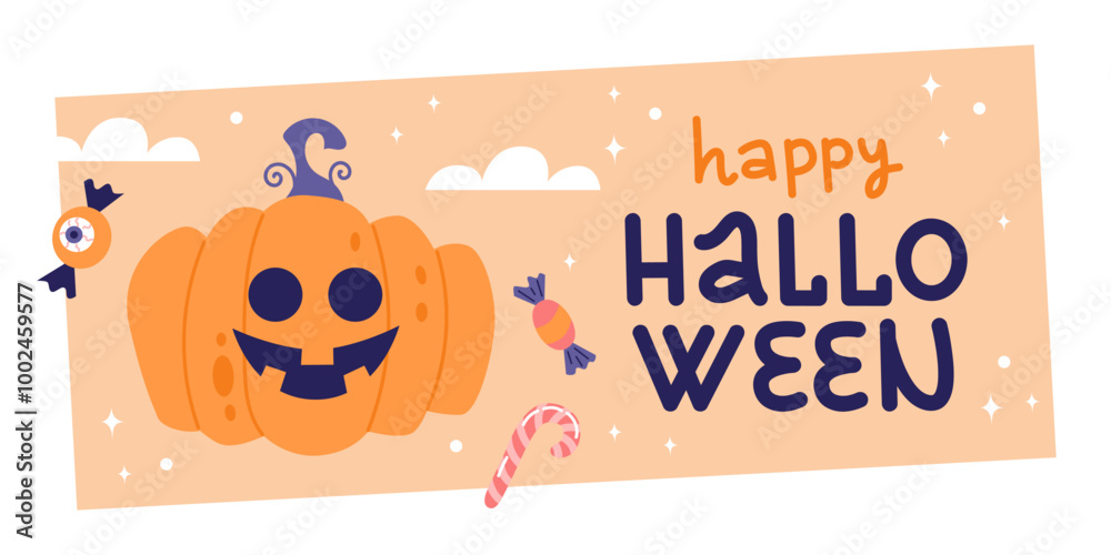 Fototapeta premium Happy Halloween cover or card design. Hand drawn calligraphy and cute spooky pumpkin. Vector illustration template